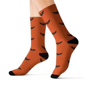 Batty Halloween Socks - Cushioned Crew Socks - Flying Bats Orange Pattern - Spooky Fall Socks