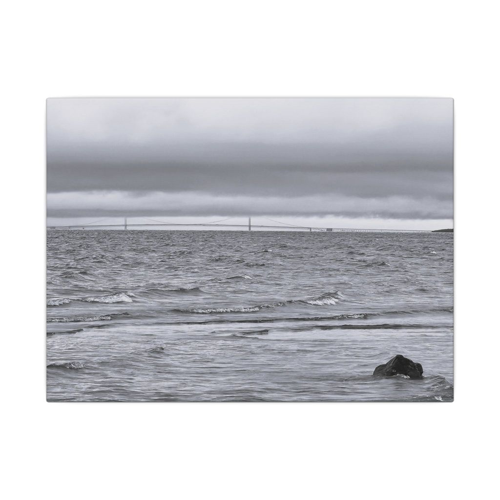 Black and White Landscape Canvas Print - Mackinac Bridge in the Clouds