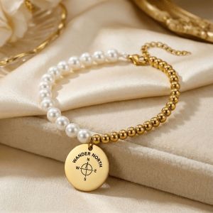 Mother of Pearl & Gold Compass Bracelet – Wander North Engraved Coin