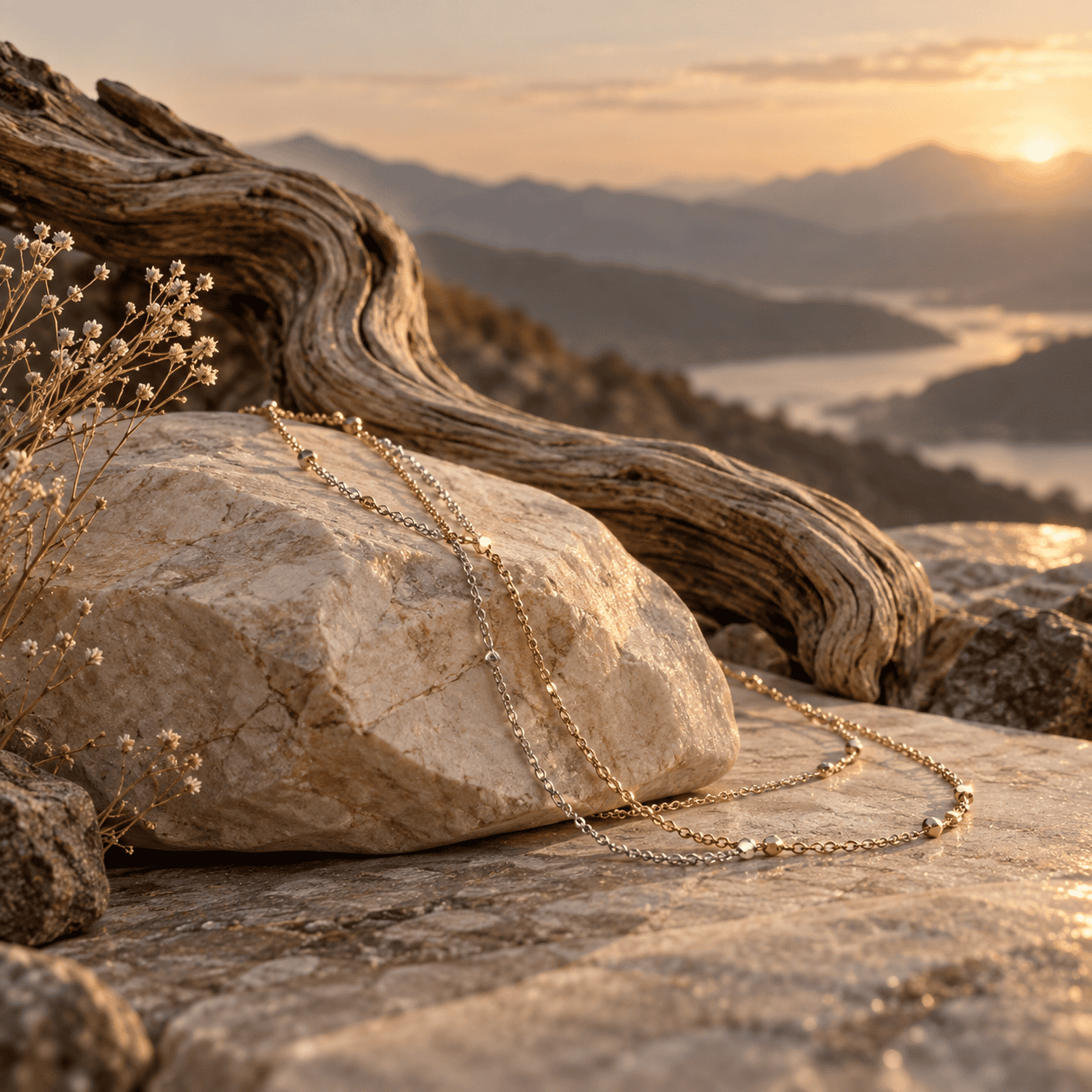 Gold and silver jewelry chains arranged on natural stone beside mountain scenery